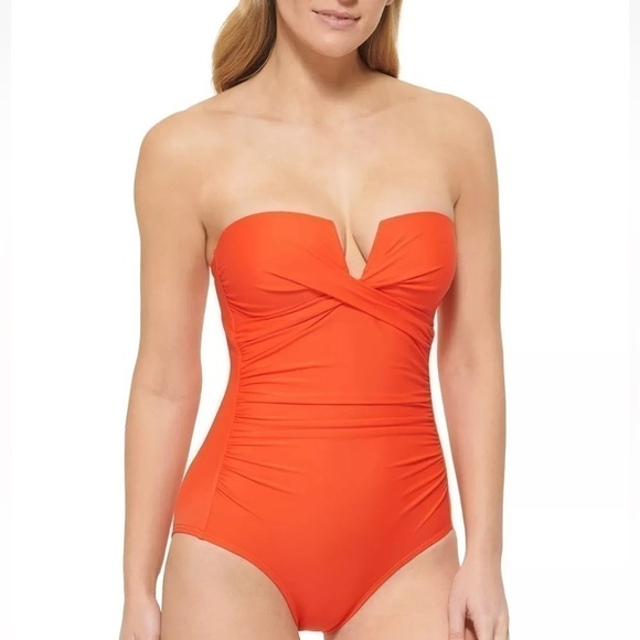 CALVIN KLEIN Women's Split-Neck Bandeau Removable-Strap Tummy-Control Swimsuit - Picture 2 of 13